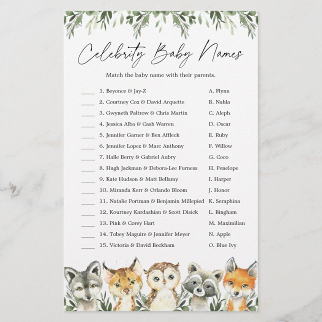 Lámina Juego de nombres de bebés de celebridades de Baby  (Anverso)
