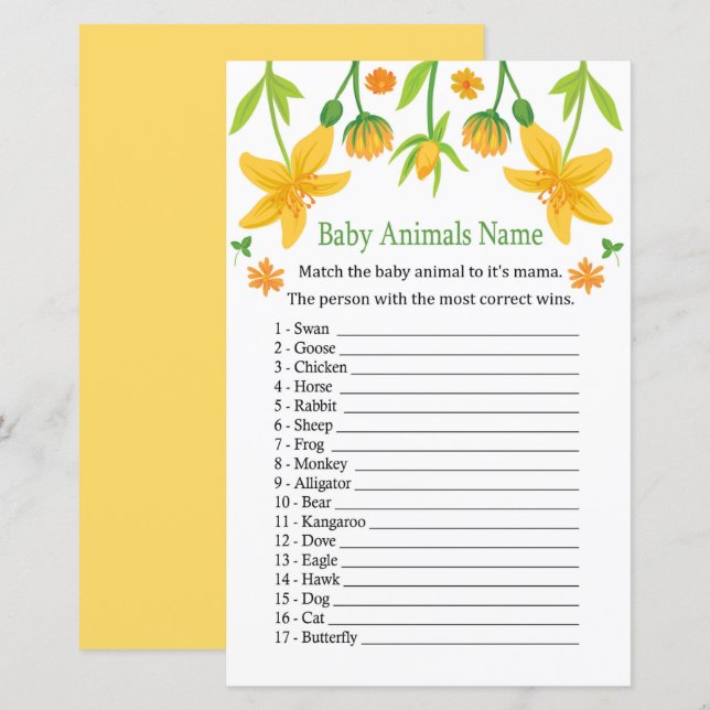 Lámina Juego de nombres de Narcissus Baby Animals (Anverso / Reverso)