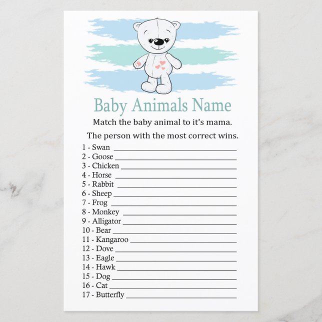 Lámina Juego de nombres para bebés de oso polar (Anverso)