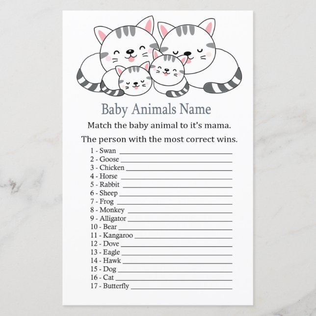 Lámina Juego de nombres para gatitos de animales bebés (Anverso)