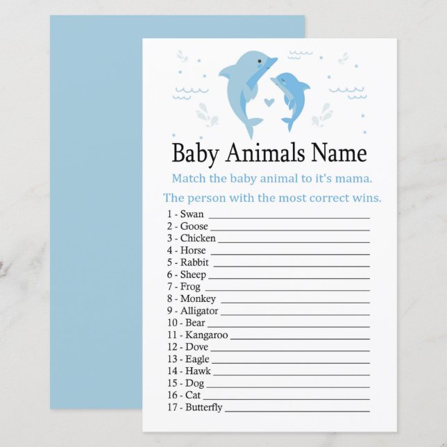 Lámina Juego de nombres para niños con delfines azules (Anverso / Reverso)