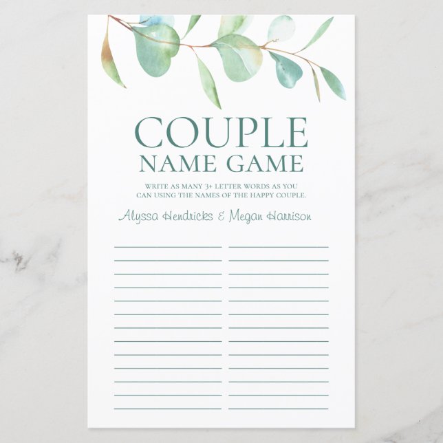 Lámina Juego de nombres para parejas LGBTQ Eucalipto (Anverso)