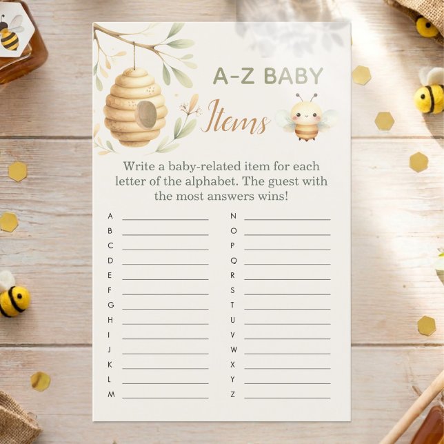 Lámina Juego de objetos para bebé de la A a la Z Abeja Be (A-Z Baby Items Baby Shower Game. He or She? What Will Baby Bee? Gender Reveal)