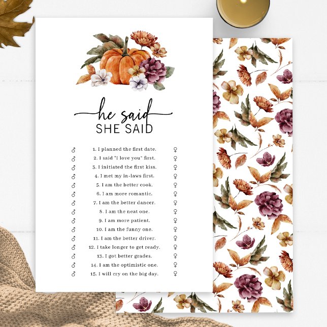 Lámina Juego de Otoño Él Dijo Ella Dijo (Fall Bridal He Said She Said Game Fall In Love Bridal Shower Pumpkin Florals by Painted Paperie)