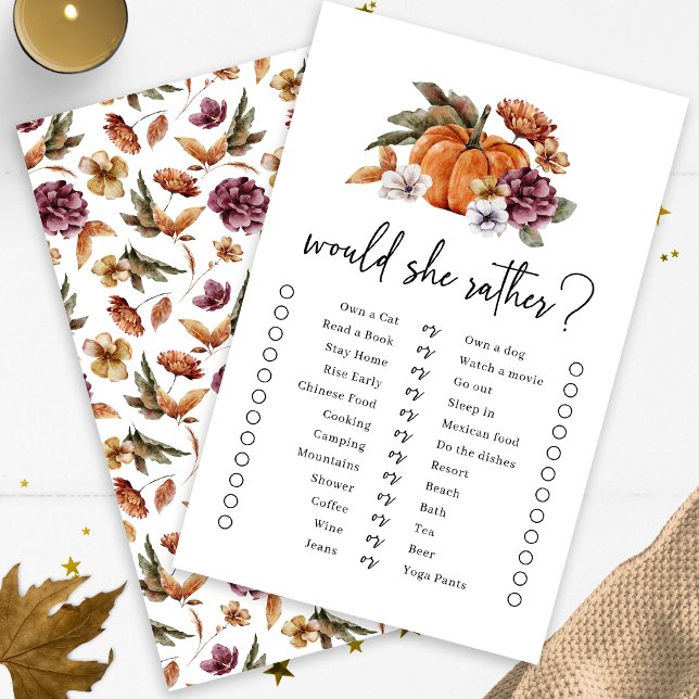 Lámina Juego de Otoño "¿Qué Preferiría?" (Fall Would She Rather Game Fall In Love Bridal Shower Pumpkin Florals by Painted Paperie)