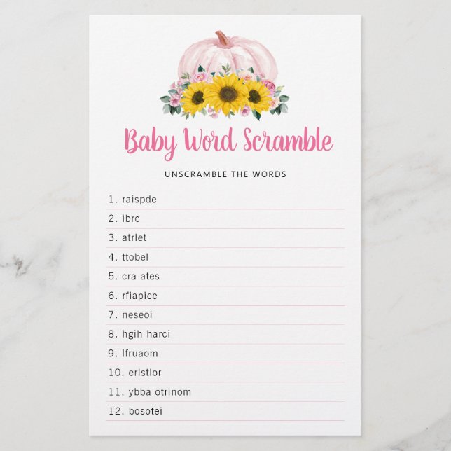 Lámina Juego de palabras de Baby Shower Pumpkin Sunflower (Anverso)