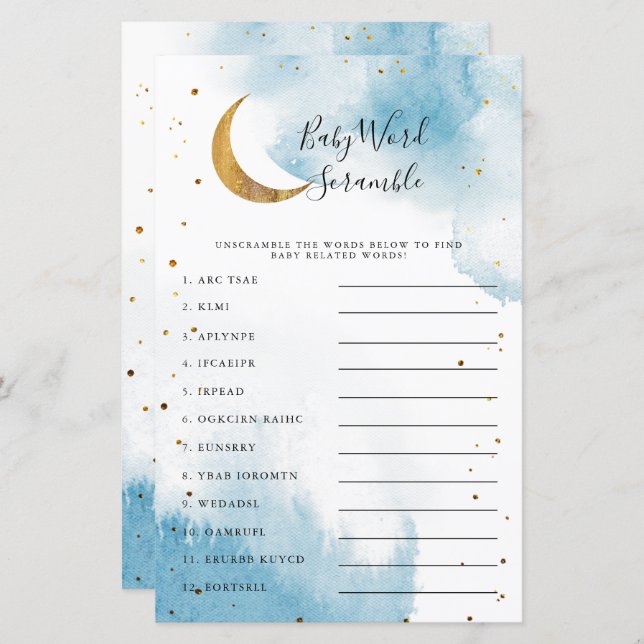 Lámina Juego de palabras de Blue Moon Baby Shower Word Sc (Anverso / Reverso)