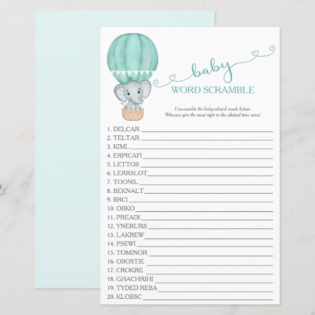 Lámina Juego de palabras de elefante verde Baby Shower (Anverso / Reverso)