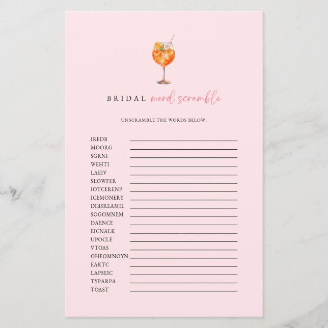 Lámina Juego de palabras desordenadas de boda Pink Spritz (Anverso)