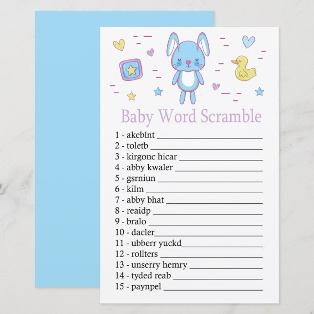 Lámina juego de palabras desordenadas del bebé conejo azu (Anverso / Reverso)