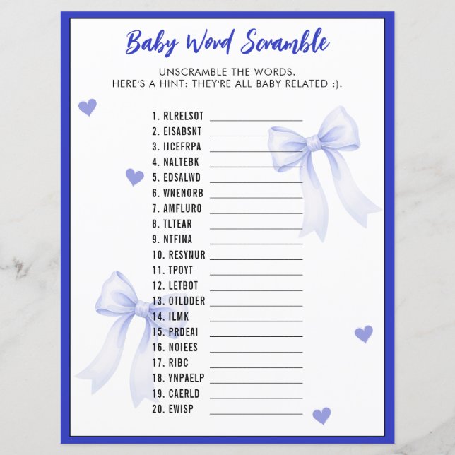 Lámina Juego de palabras desordenadas para baby shower co (Anverso)