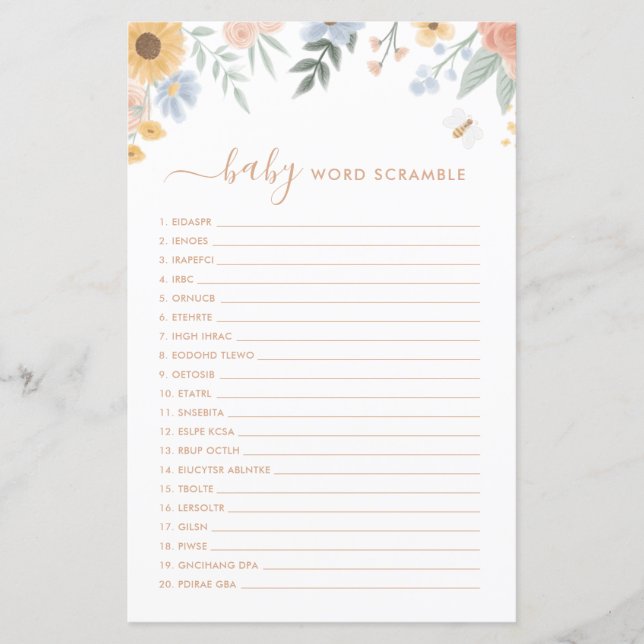 Lámina Juego de palabras desordenadas para baby shower Du (Anverso)