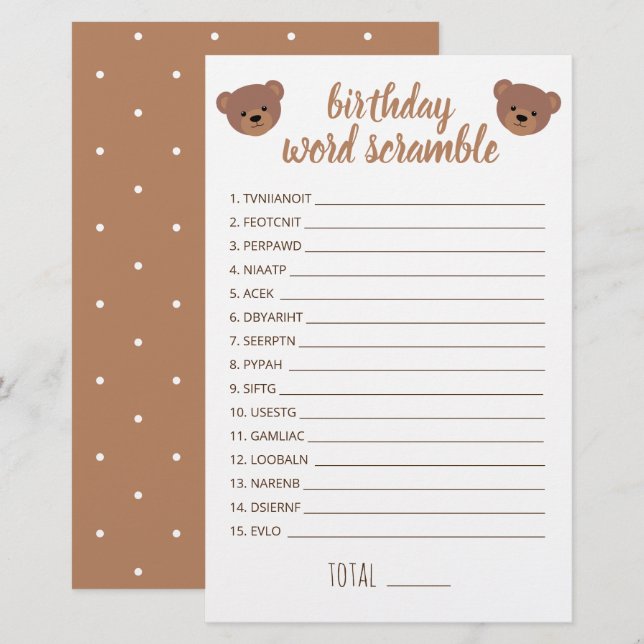 Lámina Juego de palabras desordenadas para el cumpleaños  (Anverso / Reverso)