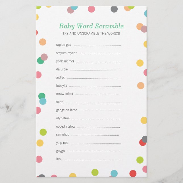 Lámina Juego de palabras para el bebé "Rainbow Confetti" (Anverso)