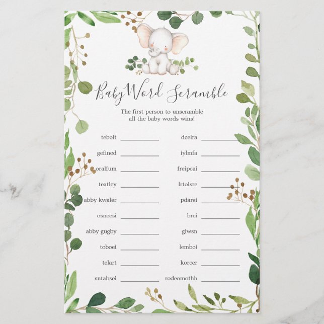 Lámina Juego de palabras para elefantes de Baby Shower (Anverso)