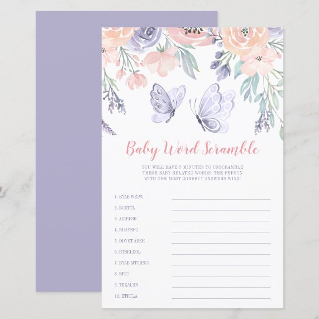 Lámina Juego de Palabras Scramble de Mariposa Floral Púrp (Anverso / Reverso)