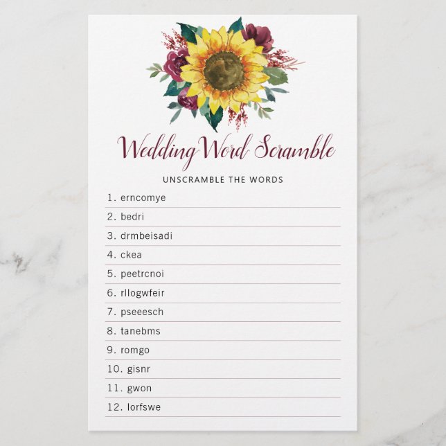 Lámina Juego de palabras Sunflower Burgundy Rosa Bridal S (Anverso)
