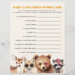 Lámina Juego de palabras Wild Woodland Baby Shower Catego