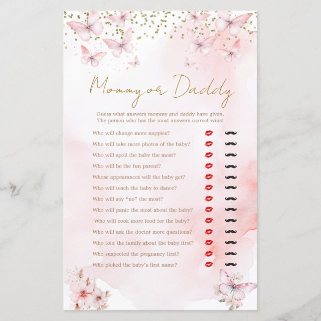 Lámina Juego de papá o mamá de mariposa rosa Baby Shower (Anverso)