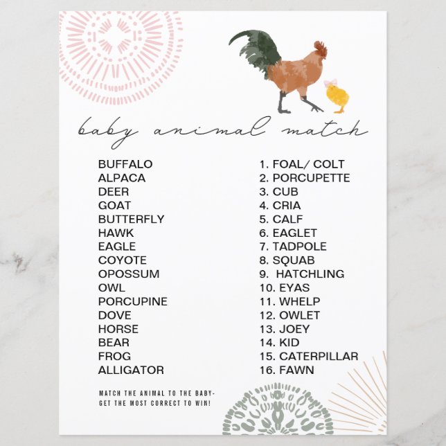 Lámina Juego de partidos de animales Baby Shower Chica de (Anverso)