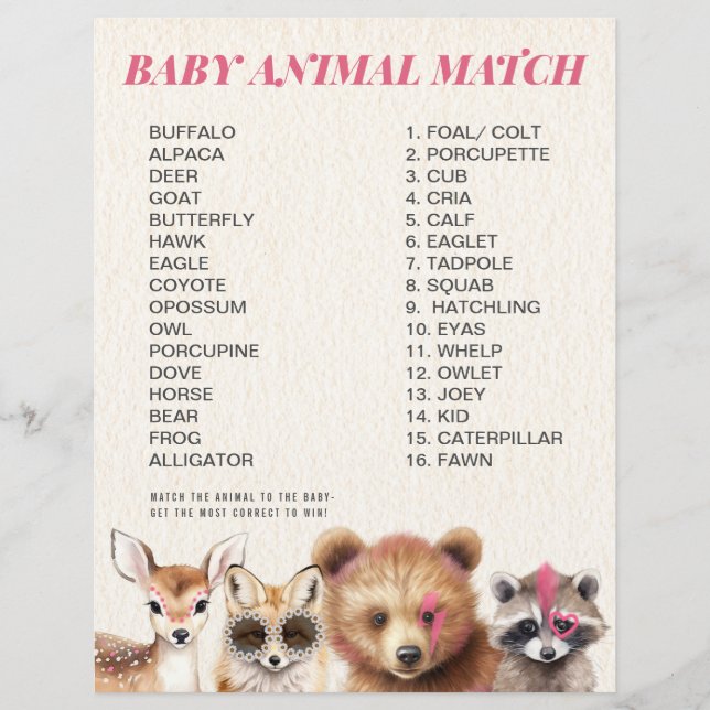Lámina Juego de partidos de Baby Shower de animales salva (Anverso)