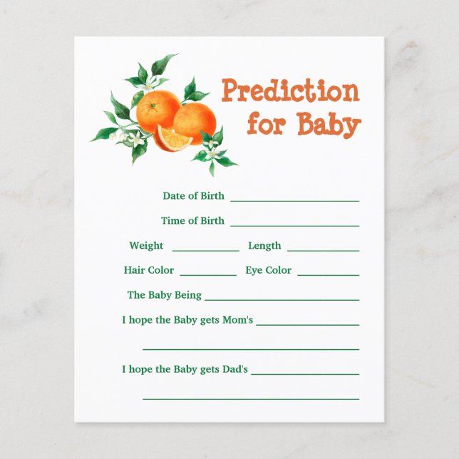 Lámina Juego de predicción de Baby Shower Citrus Little C (Anverso)