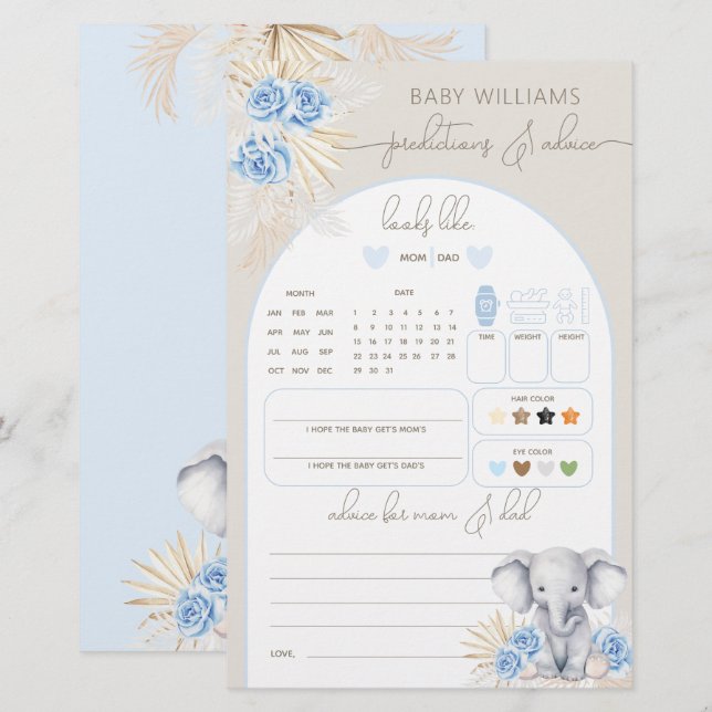 Lámina Juego de predicción de Baby Shower para Elephant O (Anverso / Reverso)