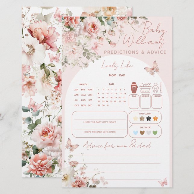 Lámina Juego de predicción de bebé floral rosa mariposa (Anverso / Reverso)