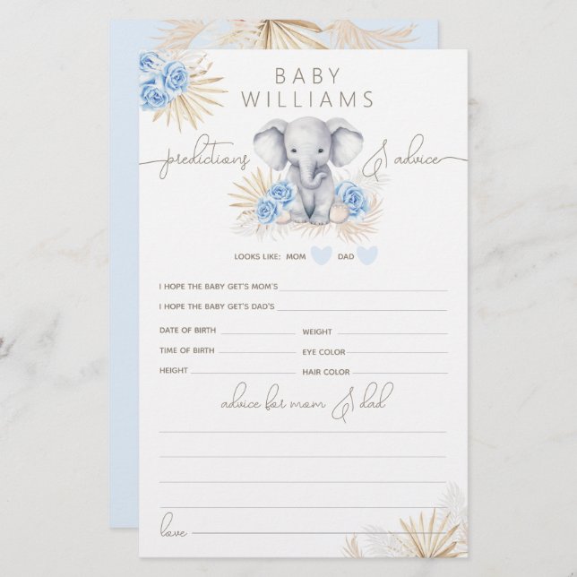 Lámina Juego de predicción de Elephant Safari Baby Shower (Anverso / Reverso)