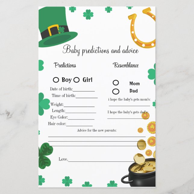 Lámina Juego de predicción de la ducha de bebé de St Patr (Anverso)
