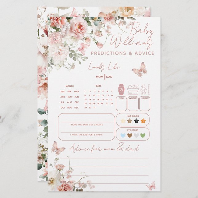 Lámina Juego de predicción del bebé floral rosa de maripo (Anverso / Reverso)