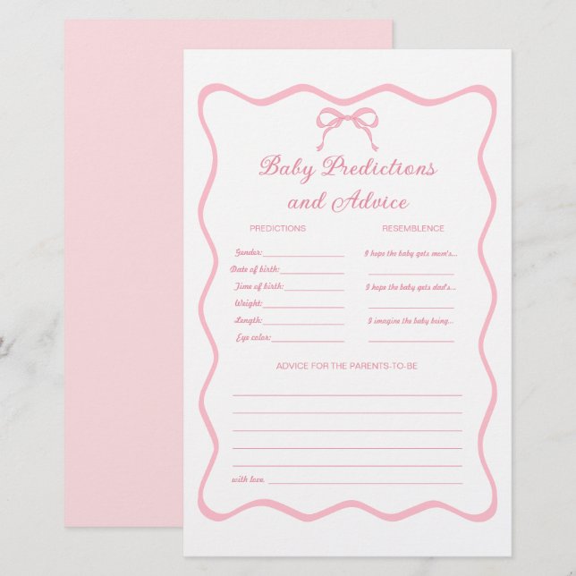 Lámina Juego de predicciones Baby Shower de Coquette Bow  (Anverso / Reverso)