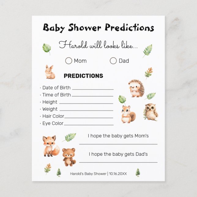 Lámina Juego de predicciones Baby Shower de Woodland Boy (Anverso)