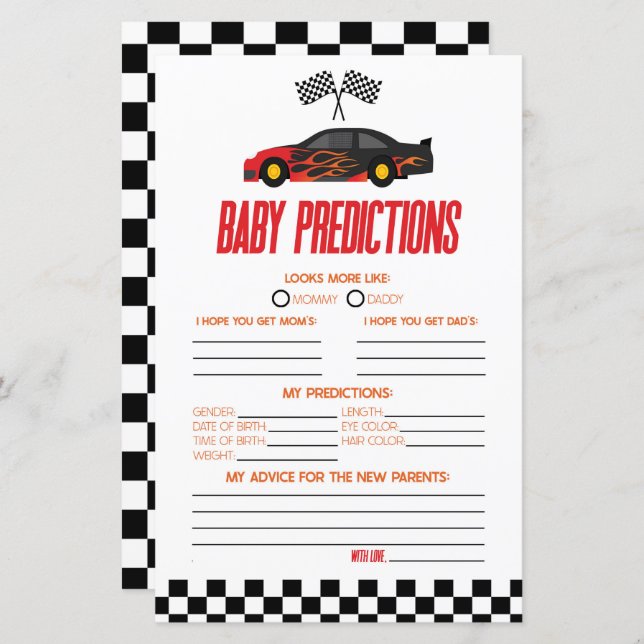 Lámina Juego de predicciones de Baby Shower para coches d (Anverso / Reverso)