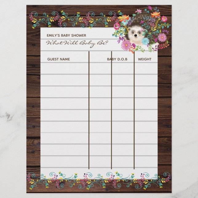 Lámina Juego de predicciones para Baby Shower - Flores de (Anverso)