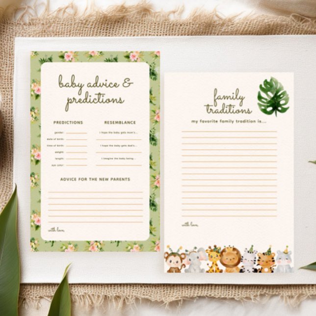 Lámina Juego de predicciones para baby shower tropical ve (fun baby shower games: family traditions + advice & predictions. Tropical leaves and safari animals)