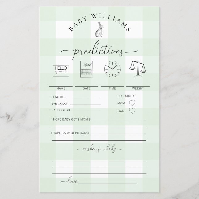 Lámina Juego de predicciones para bebé con conejo de ging (Anverso)