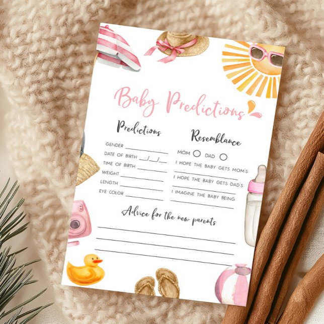 Lámina Juego de Predicciones para Bebé Pink Splish Splash (Girl Summer Beach Baby Shower Baby Predictions Game)