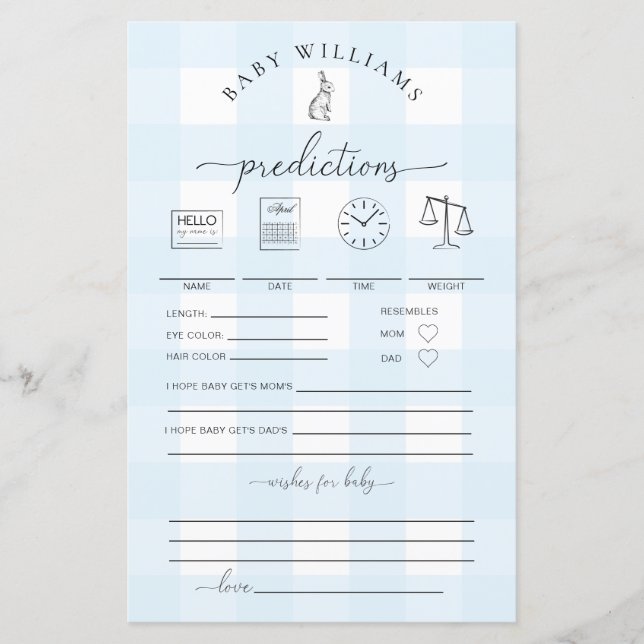 Lámina Juego de Predicciones para Bebés Blue Gingham Bunn (Anverso)