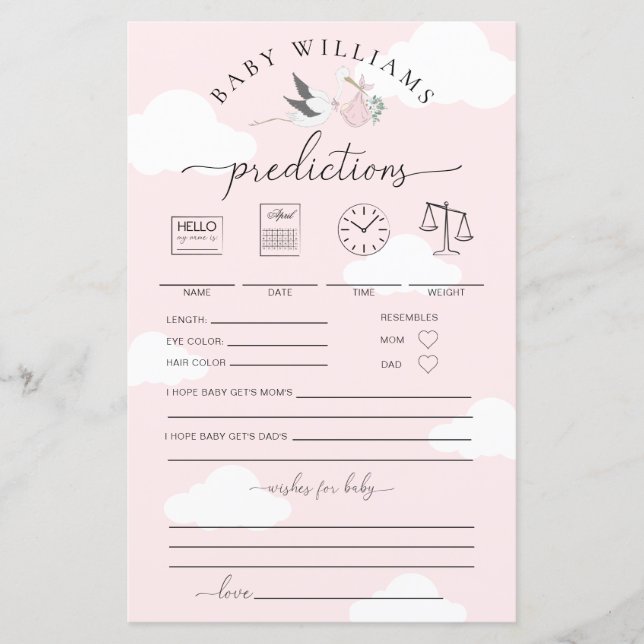 Lámina Juego de predicciones para bebés de cigüeñas rosas (Anverso)