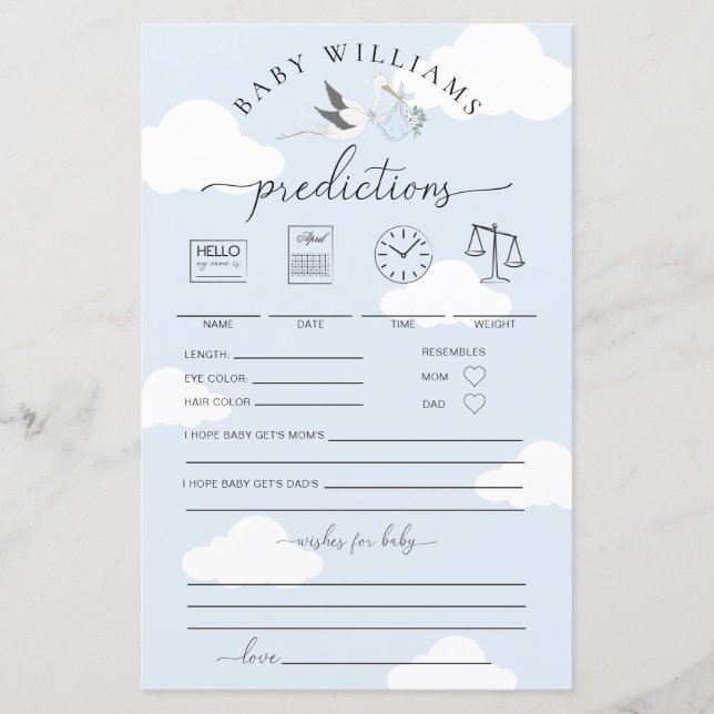 Lámina Juego de predicciones para bebés de la cigüeña azu (Anverso)