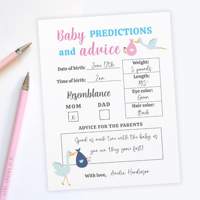 Lámina Juego de preguntas y respuestas para predicciones  (Budget Blue Pink Baby Predictions Advice Quiz Game
)