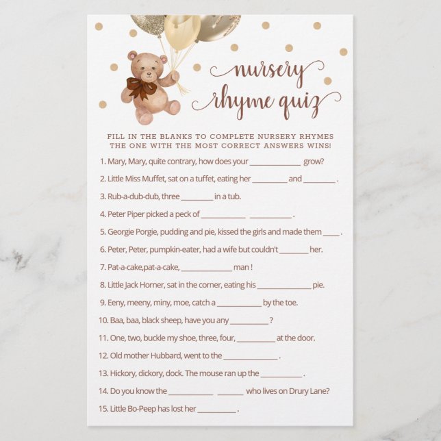 Lámina Juego de Prueba de Rhyme de Enfermería de Oso (Anverso)