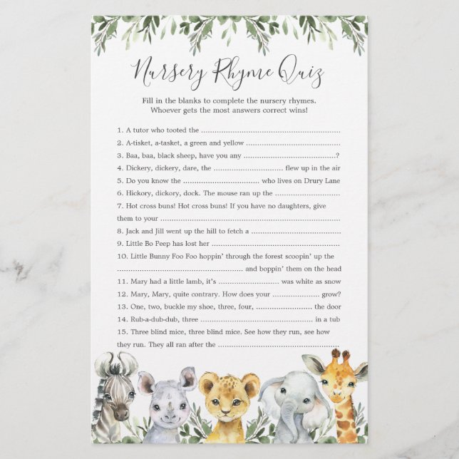 Lámina Juego de prueba de ritmo de enfermería de Safari A (Anverso)