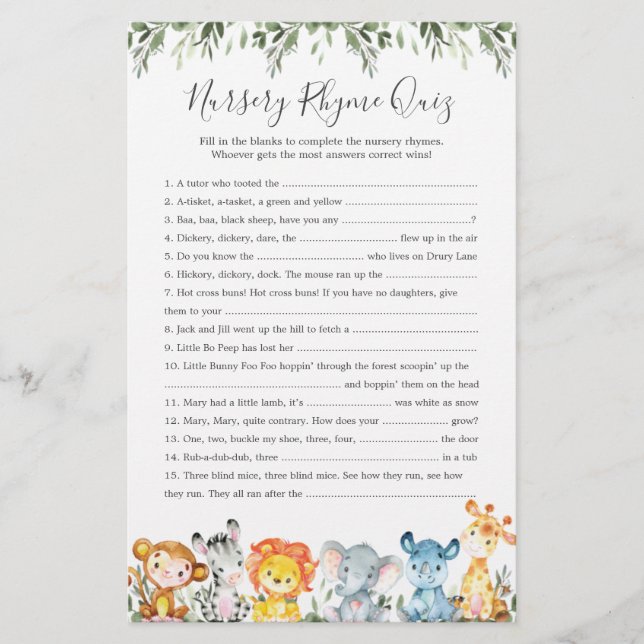 Lámina Juego de prueba de ritmo de enfermería de Safari A (Anverso)