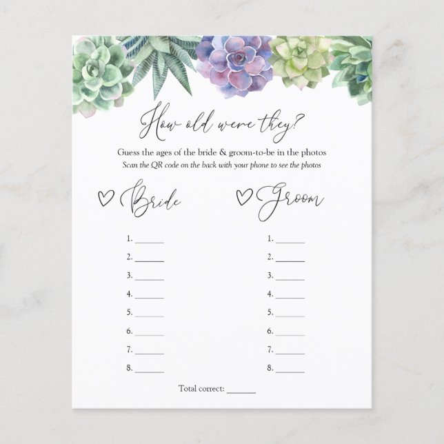 Lámina Juego de ¿Qué edad tenían los novios? con suculent (Anverso)