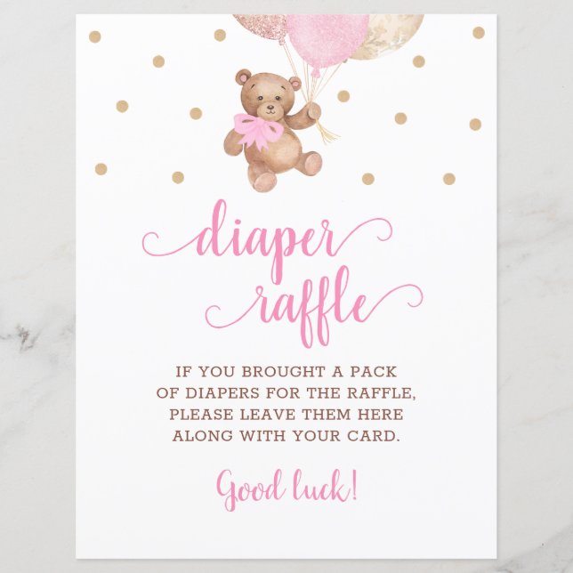 Lámina Juego De Raffé De Teddy Bear Rosa Y Diaper De Oro (Anverso)