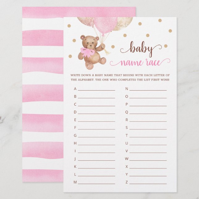 Lámina Juego de Raza por Nombre del Bebé Baby Shower Tedd (Anverso / Reverso)