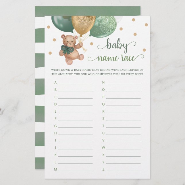 Lámina Juego de Raza por Nombre del Bebé Baby Shower Tedd (Anverso / Reverso)