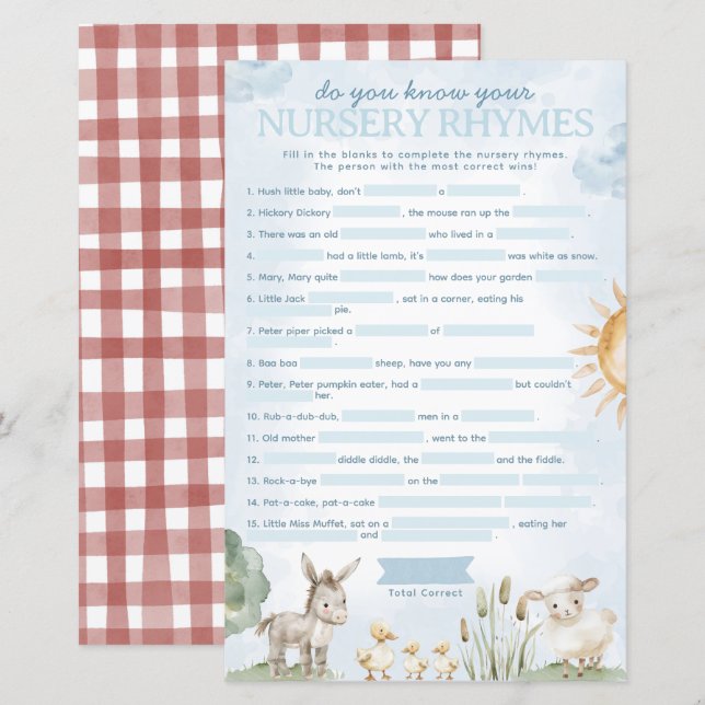 Lámina Juego de rhyme de enfermería Baby Shower para gran (Anverso / Reverso)